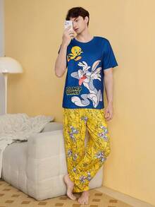 Noctvar OBM Sleepwear X LOONEY TUNES Cartoon Rabbit & Tweetie Bird Print Pajama Set, Men's Contrast Color Comfortable Long Sleeve & Long Pants Loungewear - Multicolor - View 4