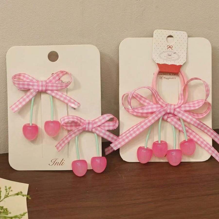 2 Presilhas de Cabelo Estilo Coreano com Laço de Cereja Rosa Doce, Acessórios de Cabelo Xadrez para Crianças, Prendedor de Rabo de Cavalo, Presilha de Franja, Decoração de Cabelo - Multicolorido - Ver 1