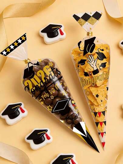 10pcs Graduation Theme Candy Packaging Bags, Cone-Shaped Gift Bags, Party Favor Bags, Candy Bags, Popcorn Refill Bags, Snack Packaging Bags, Congratulations On Graduation, Suitable For 2026 Graduation Party, Family Gathering, Gift Packaging, Anniversary Celebration And Party Decoration.