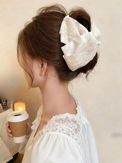 1pc Korean Style White Embroidered Floral Print Lace Hair Claw Clip