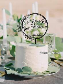 1pc Customized Wedding Cake Topper, Heart-Shaped Acrylic Cake Decoration Board With Personalized Name And Date, Fashionable Floral Wreath Wedding Cake Decor, Golden Boho Style, Customized Surname And Date, Multi-Color Options - F-wreath Wedding Cake Holder Label - View 5