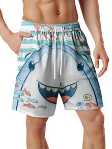 Shark And Fish Print Swim Trunks For Men Beach Shorts With Ocean Theme Design Quick Dry Board Shorts Summer Wear - Nhiều màu - Xem 3