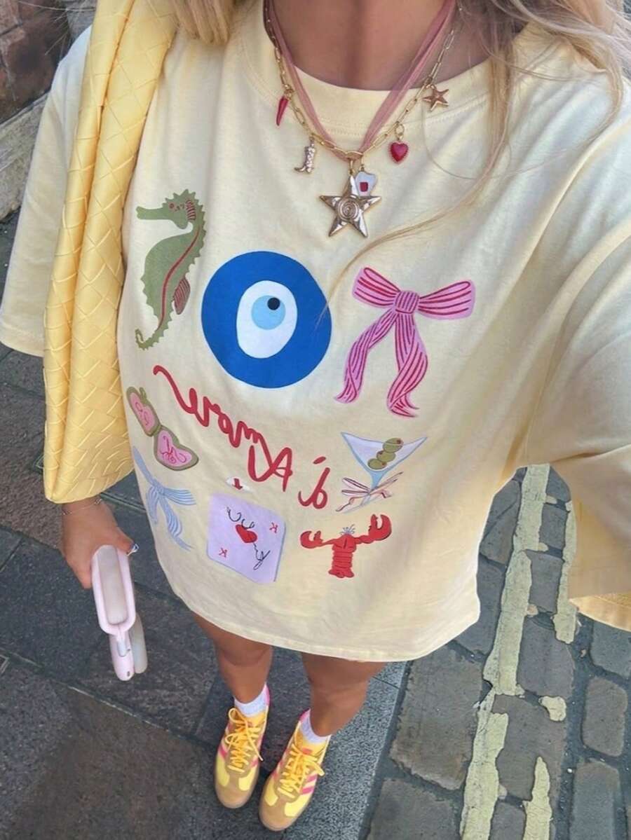 阿马尔菲海岸“地中海风情”女士T恤,常规版型,手绘艺术图案,舒适的意大利夏季短袖上衣,独特的圆领复古休闲烹饪风,Pinterest时尚休闲款 - 黃色 - 查看 1