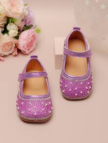 1 par de zapatos planos con diamante de imitación para niñas, zapatos de princesa versátiles y de moda con punta cuadrada y bajo empeine - Púrpura malva - View 2