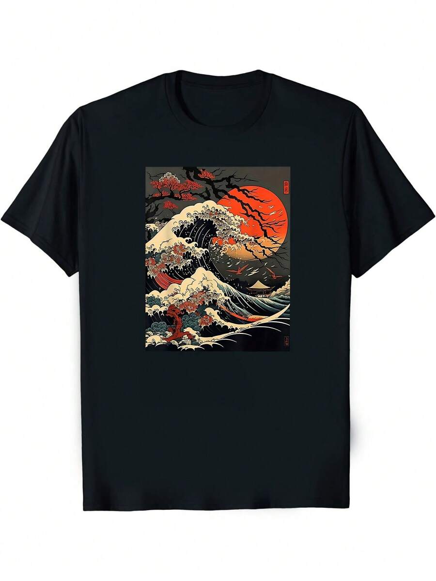 Camiseta gráfica de hombre con la gran ola de Kanagawa y flores de cerezo en estilo retro - Hecha 100% de, esta camisa de arte japonés presenta un llamativo color negro con brillantes patrones de olas rojas y blancas, ideal para aquellos que aprecian la naturaleza y la cultura - Negro - Ver 1