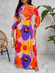 Plus Size Women's Bold Abstract Floral Print Long Sleeve Maxi Dress, Belted Waist Design Vibrant Color Elegant Plus Size Maxi Dress Vacation Spring - Multicolor - View 2