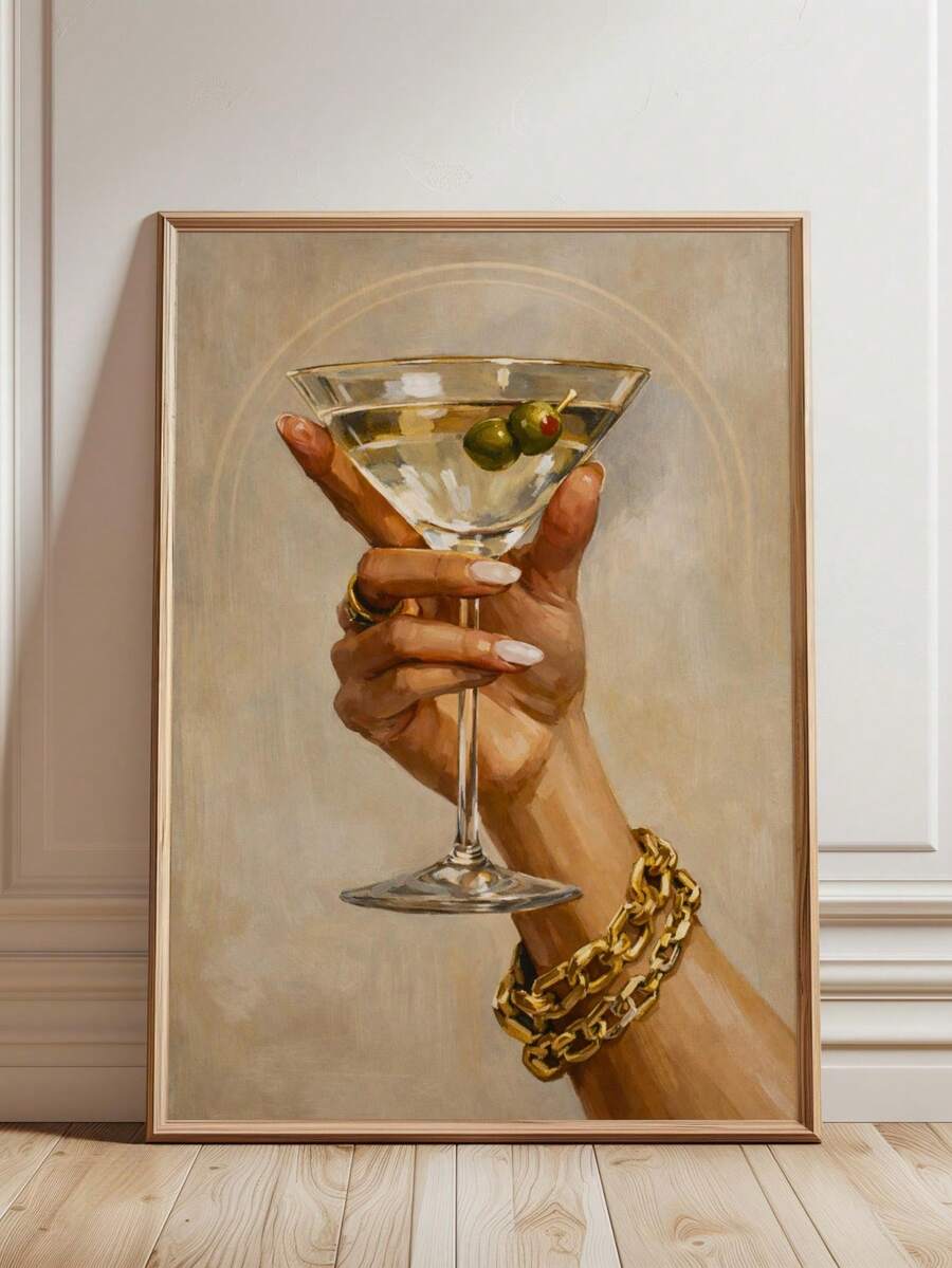 1pc Canvas Wall Art, Framed Wall Painting, Fashionable Martini Glass Poster, Charming Wall Art, Hand-Held Cocktail, Bar Decor, Modern Champagne Pattern, Suitable For Kitchen Or Lounge, Room Decor, Modern Home Decor, Fashionable Decor, Dorm Decor, Collegiate Art, Living Room Decor, Kitchen Decor, Dining Room Decor - Multicolor - View 1