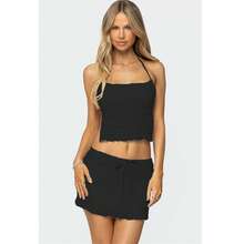 Women's 2 Piece Outfits Smocked Mini Skirt Set Casual Sleeveless Backless Smocked Halter Neck Tie Up Crop Top + Bodycon Short Mini Skirt Set Cocktail Party Beach Dress - F671-黑色 - 查看 3