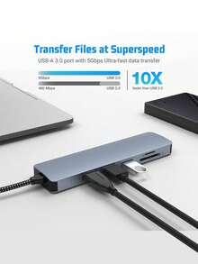 六合一 USB-C 3.1 适配器，支持 4K 输出、SD/TF 卡读卡器、PD 快充 2.0/3.0、数据传输端口、U盘插槽，便携式设计，兼容 MacBook、笔记本电脑、PC、安卓手机和平板电脑。 - 6-1 - 查看 3