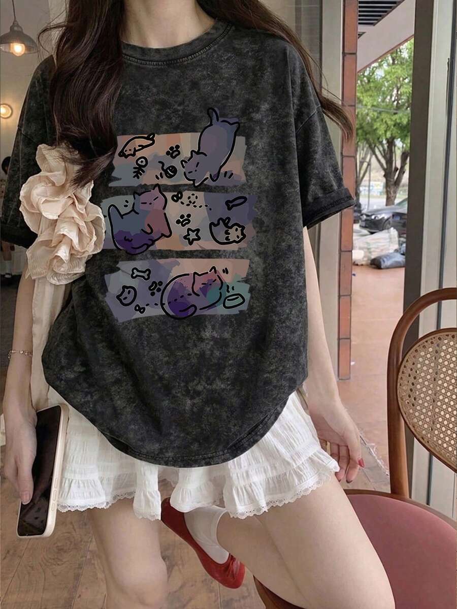 女士时尚夏季宽松圆领复古扎染卡通猫印花短袖T恤休闲黑色 - 黑色 - 查看 1
