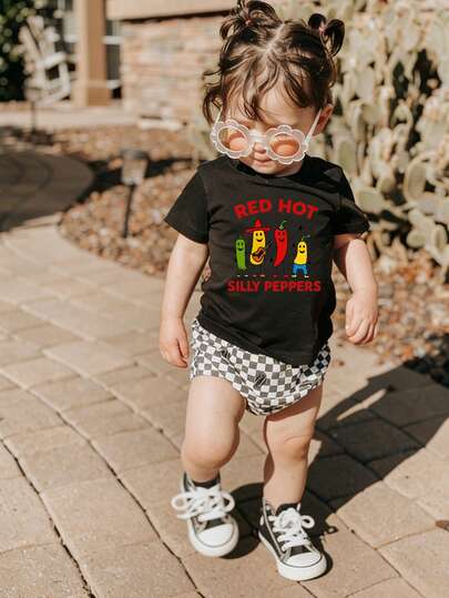 1pc Baby Girls' Creative Cartoon Graphic Letter Slogan Print Basic Round Neck Short Sleeve T-Shirt, Casual & Fashionable Baby Girl Clothing