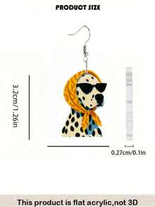 2D手绘斑点狗佩戴时尚眼镜和头巾吊坠耳环，时尚饰品，平面亚克力印刷材质，适合日常佩戴和派对场合，精美礼品 - 斑點狗 - 查看 2