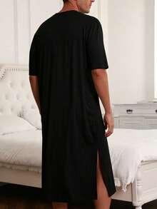 Men's Lightweight Solid Black Short Sleeve Sleepwear Jumpsuit, Spring/Summer - Black - View 2