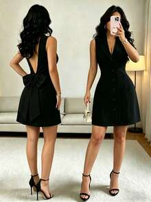 Women's Elegant Fitted Sleeveless A-Line Dress With Polo Collar, Backless Design, Decorated With Bow Tie - Black - View 1
