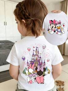 Disney Girls 6 Months-3 Years Casual T-Shirt, Soft Breathable Fabric, Minnie Mouse Daisy Duck Castle Fireworks Print, Summer Vacation Holiday Outfit, Toddler Girls Short Sleeve Tee, Express Delivery - 白色 - 查看 1