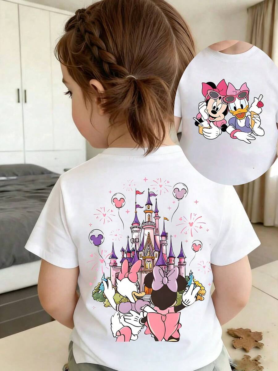 Disney Girls 6 Months-3 Years Casual T-Shirt, Soft Breathable Fabric, Minnie Mouse Daisy Duck Castle Fireworks Print, Summer Vacation Holiday Outfit, Toddler Girls Short Sleeve Tee, Express Delivery - 白色 - 查看 1