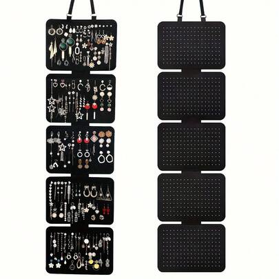 1pc New Black Hanging Felt Earring Holder Bag, Foldable Large Capacity 5-Slot Earring, Jewelry, Brooch, Badge Display Storage Organizer