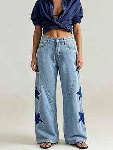 Women's Jeans With Pockets Stylish Mid Rise Casual Star Patch Wide Leg Denim Pants - Light Wash - View 3