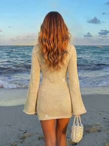 Sparkling Gold Knitwear Mini Dress With Deep V-Neck And Keyhole Cutout, Long Sleeves, Perfect For New Year's Or Fall Evenings - Apricot - View 5