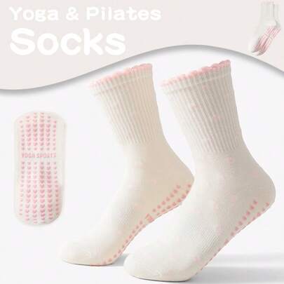 1/3/6 Pairs Women Non-Slip Socks For Pilates, Yoga, Fitness, Dance, Grip Socks, Anti-Slip Shock-Absorbing Breathable Moisture-Wicking Sports Yoga Socks, Suitable For Yoga, Pilates, Fitness, Gymnastics And Outdoor Sports, Pink Polka Dot Ruffle Trim Cute Yoga Crew Socks, Ideal Gift