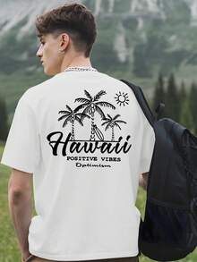 Hawaiian Men's Loose-Fit-Shirt - Light Beige Round Neck Short Sleeve, With Tropical Tree Pattern And Hawaiian Positive Energy Optimism Print On Back - Comfortable-Shirt Summer Casual Basketball, Gym, And Beach Wear, Large Size - 白色 - 查看 3