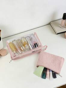 2pcs Set Classic Transparent Makeup Bag, Leather Lace Embossed, Large Capacity Portable Travel Toiletry Organizer, Desktop Cosmetic Storage Bag, Handheld Makeup Bag With Compartments - Multicolor - View 8