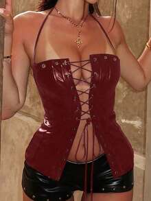 朋克风PU皮吊带黑色紧身胸衣，性感系带前开衩铆钉眼扣露脐胸衣，派对夜店万圣节春季服装 - 酒紅色 - 查看 2