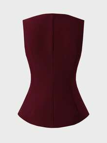 2pcs/Set Elegant Minimalist Holiday Party Commute Business Fitted Waist Suit Vest & Skirt Co-Ord Sets, Autumn Summer - Dark Red - View 9