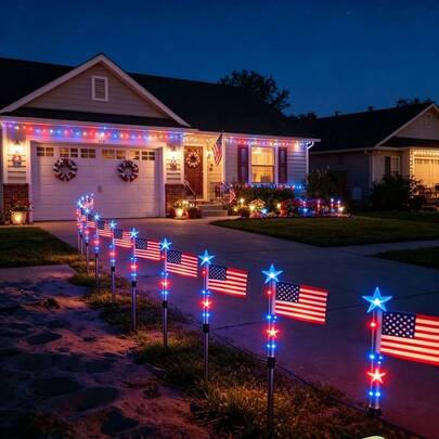 8-Pack Red, White, And Blue American Flag Solar Lights, Red, White, And Blue Flag Outdoor Pathway Lights, 4th Of July Independence Day Decorative Lights, Patriotic Theme Decor, 8 Flashing Modes, Suitable For Porches, Courtyards, Pathways, Lawns, Cemeteries, Memorial Day
