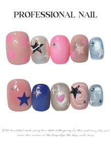 10pcs Dopamine Star Handmade Press On Nails, Y2K Hand-Painted Star & Heart Fake Nails, Short Oval Nails Perfect For Summer Vacation, With Jelly Glue And Nail File, DIY Nail Art Supplies - Multicolor - View 4