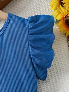 2pcs Girls Summer Fashion Ribbed Top & Printed Shorts Set, Suitable For Outdoor And Daily Wear - Royal Blue - View 9