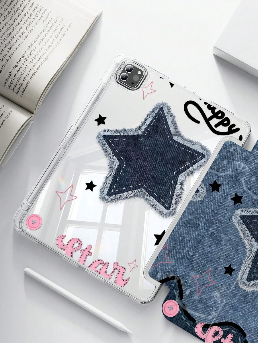 Eine süße Cartoon Stern & Denim Buchstaben beidseitige transparente Acryl Kristall Rückseite, stoßfest, geeignet für iPad 7., 8. und 10. Generation (10,2 Zoll), integrierter Stifthalter, unterstützt Sleep/Wake Funktion, ideale Geschenkwahl - Verschiedenfarbig - Übersicht 1