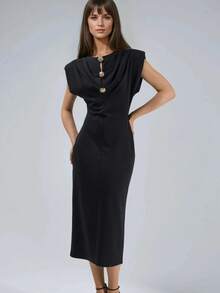 Women's Elegant Black Sleeveless Midi Dress With Draped Neckline And Gold Button Detail - Black - View 1