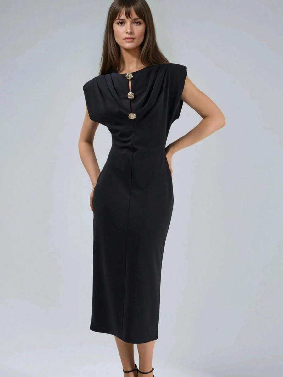 Women's Elegant Black Sleeveless Midi Dress With Draped Neckline And Gold Button Detail - Black - View 1
