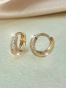 1 Pair Micro-Inlaid Zirconia Hoop Earrings, Plated Gold Tone Elegant Versatile Earrings For Women - W17197 - View 5