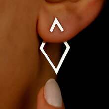 1 par de pendientes futuristas de doble capa con línea de diamante geométrica simple para mujeres - Plateado - Ver 6