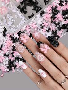 12-Grid Pink, Black & White 3D Nail Art Decorations Set, Bowknot, Heart, Star & Pearl Nail Accessories, Cute Mixed Nail Art Decor DIY Nail Tools - Multicolor - View 7