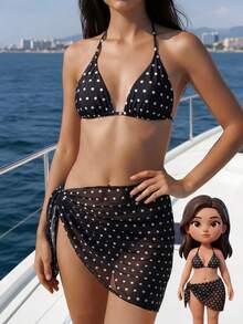 2026 Summer New Black Base White Dot Halter Triangle Cup Bikini Set, Retro Sexy Style Swimsuit With Mesh Wrap Skirt 3-Piece Set, Suitable For Swimming, Hot Spring, Beach, Vacation, Photo Shooting - Black and White - View 2