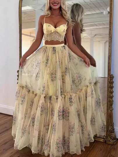 Women's Knitted Jacquard Fabric Twist Front Cropped Top And Loose Skirt Set, Elegant And Stylish, Suitable For Birthday, Date, Party, Formal Occasion, Cocktail, Music Festival, Valentine's Day, Easter, Labor Day, Back To School Party, Single's Day, Spring Season