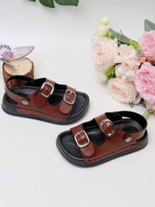 1 Pair Baby Buckle Sandals, Fashionable Versatile Comfortable Flat Slides, Unisex Beach Shoes - Brown - View 5
