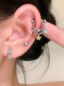 1 pieza Pendiente de cartílago en forma de estrella y corazón de acero inoxidable 316L, joyería de perforación elegante y linda con suerte, adecuada para cartílago de la oreja, hélix, lóbulo - Plateado - Ver 2