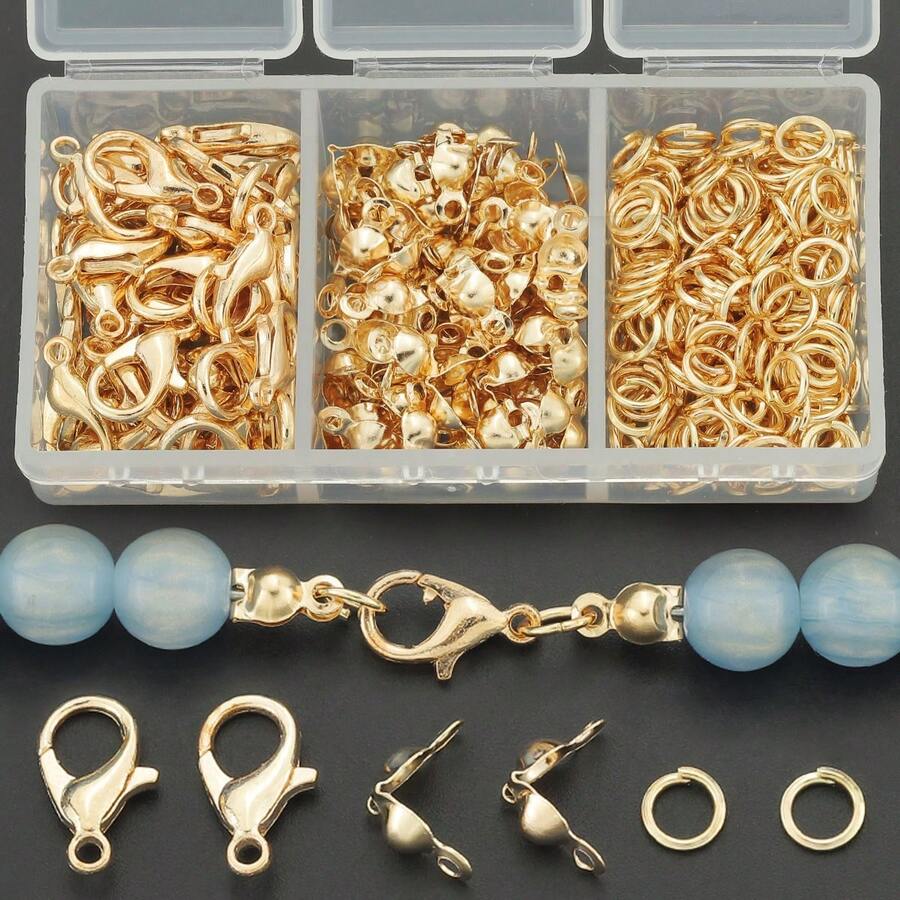 200件/盒 DIY珠宝扣环及连接器套装,包含50个锌合金龙虾扣、50个珠子扣和100个开口圈,适用于DIY串珠、手链、项链、吊坠连接器等工艺品制作。 - KC金 - 查看 1