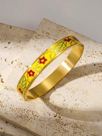 Vòng tay bản rộng bằng thép không gỉ mạ vàng 18K, tráng men cloisonné - Phong cách/Họa tiết nghệ thuật Trung Hoa sống động, lớp men bền chắc, phụ kiện thanh lịch dành cho nữ, thích hợp đeo hàng ngày hoặc làm quà tặng.