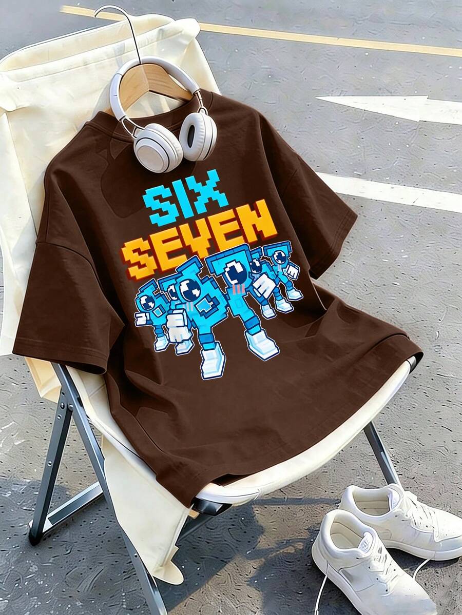 Kaos Anak Laki-laki Lengan Pendek Leher Bulat Bergambar Kartun Angka "67" & Huruf, Pakaian Anak Musim Semi/Panas Terbaru - Coklat - View 1