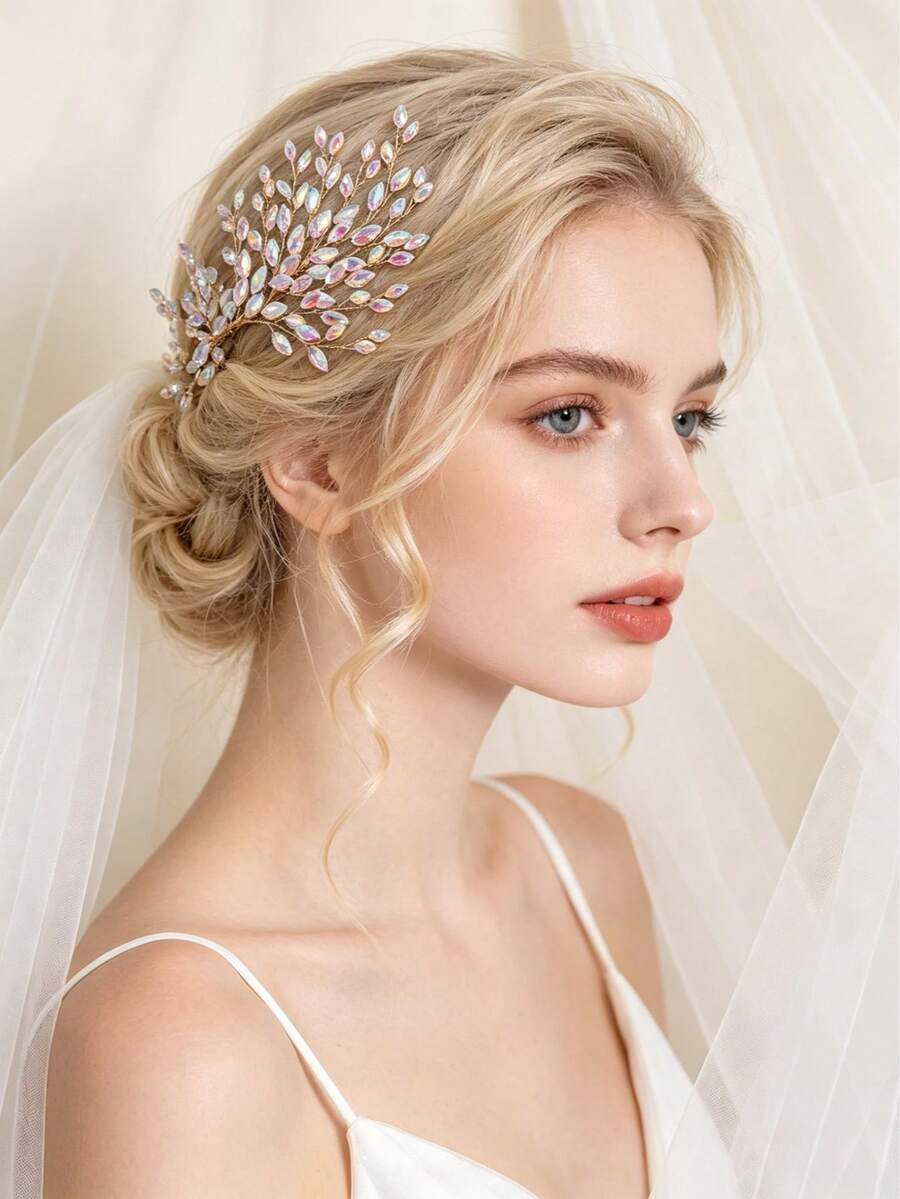 Elegant Gold Crystal Leaf Handmade Bridal Hair Comb, Leaf-Shaped Hair Accessory For Bride, Bridesmaid, Wedding, Prom, Formal Events,Festival,Party - Color - View 1