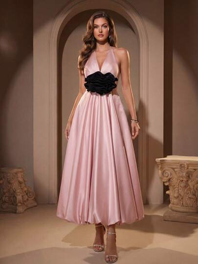 Women's Fashion Sleeveless Backless Long Flared Hem Gown Dress With Ruffle Detail, For Formal Occasions Party Wedding Spring