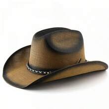 Western Style Cowgirl Hat Stylish Leather Belt Decorated Wide Brimmed Straw Cap For Men Women Outdoor Party - Khaki - View 3