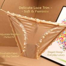 Silk Seamless Sexy Thin-String Panties For Women, European Style, Pure Cotton, Low Waist, Lace Edge, Cute, Plus Size For Girls - 酒紅 - 查看 3