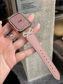 1 chiếc dây đeo đồng hồ nữ bằng da màu hồng đính nơ và kim cương, tương thích với Apple Watch 38/40/41/44/45/49/42/46mm Series 11/SE3/Ultra3/Ultra/SE/SE2/10/9/8/7/6/5/4/3/2/1 - Hồng - Xem 4