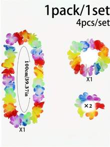 4pcs/Set Colorful Floral Hawaiian Flower Wreath Set, Tropical Fabric Flower Garland Costume, Vibrant Rainbow Petal Necklace Accessory, Summer Beach Theme Party Prop, Cute Unisex Y2K Dance Costume, Pool Party Gift For Friends And Beach Lovers - Multicolor - View 9